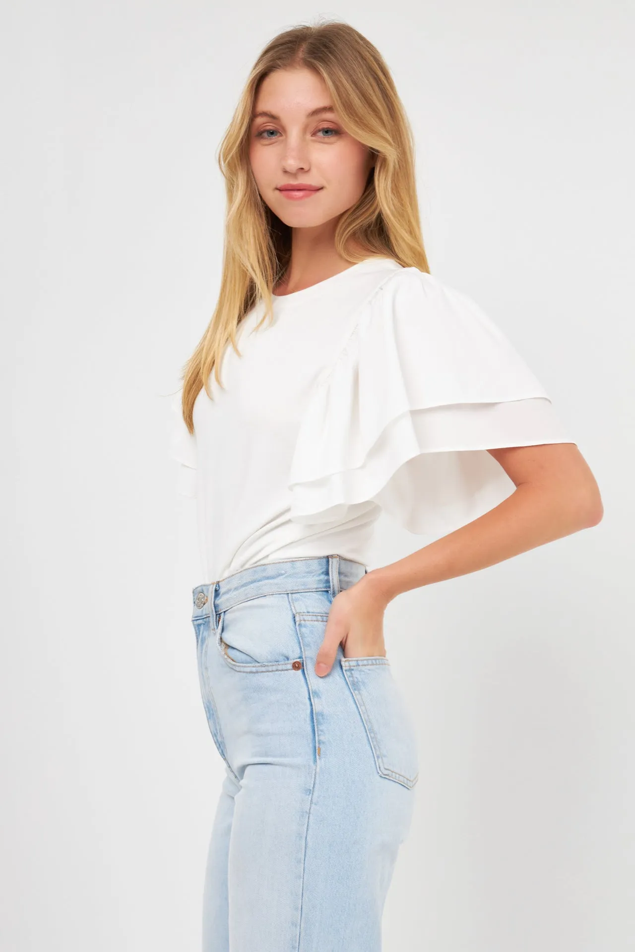 Endless Rose - Double Layers Ruffle Sleeve Crew Neck Top