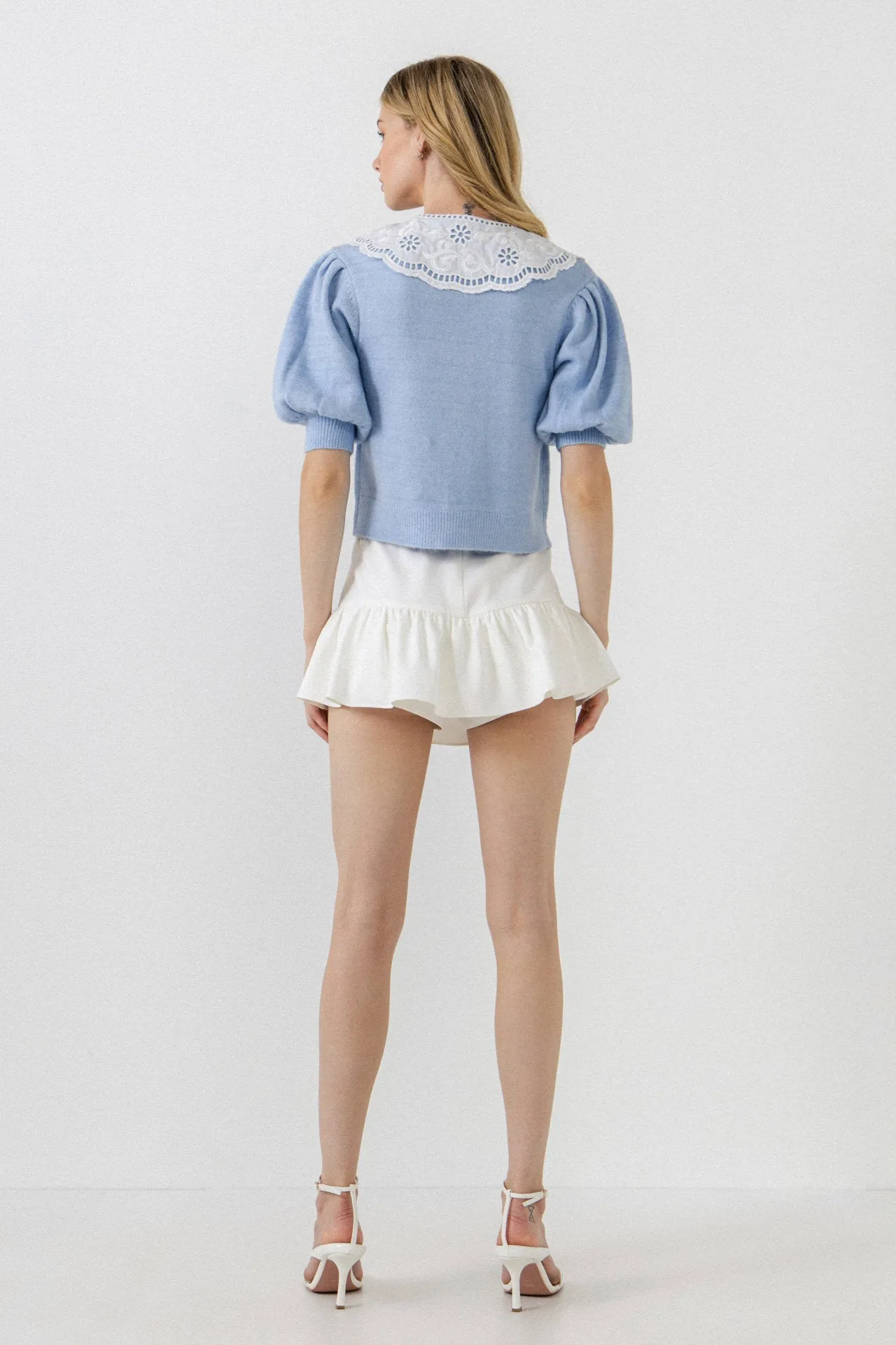 English Factory - Collar Detail Short Puff Sleeve Cardigan