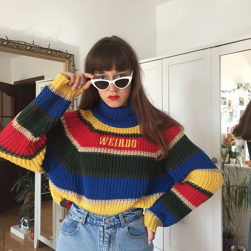 Fashionkova 90s streetwear Autumn and Winter Ins Women's Knitwear Rainbow Striped Letter Embroidered Turtleneck Loose Casual Pullover Sweater for Women