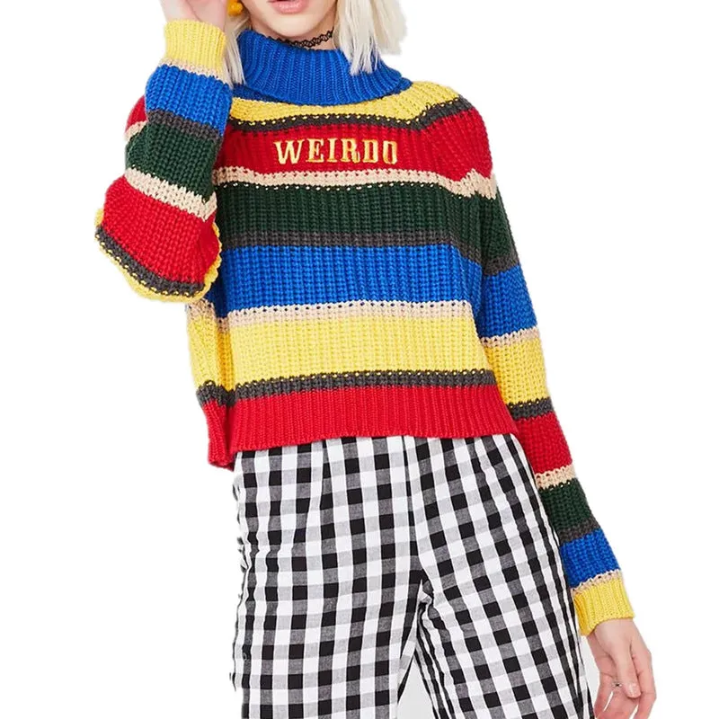 Fashionkova 90s streetwear Autumn and Winter Ins Women's Knitwear Rainbow Striped Letter Embroidered Turtleneck Loose Casual Pullover Sweater for Women