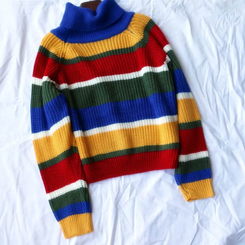 Fashionkova 90s streetwear Autumn and Winter Ins Women's Knitwear Rainbow Striped Letter Embroidered Turtleneck Loose Casual Pullover Sweater for Women