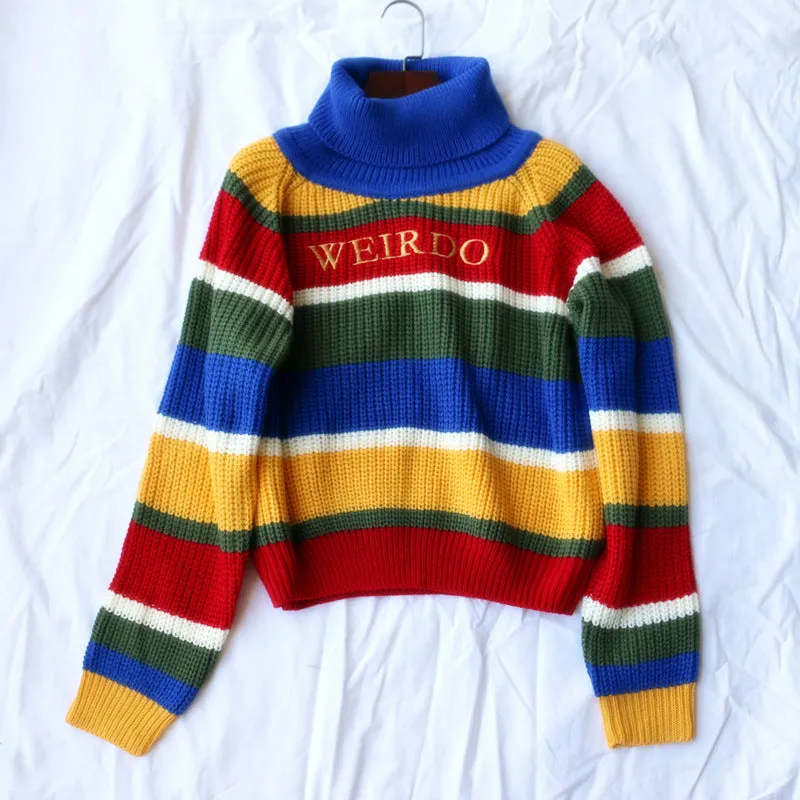 Fashionkova 90s streetwear Autumn and Winter Ins Women's Knitwear Rainbow Striped Letter Embroidered Turtleneck Loose Casual Pullover Sweater for Women