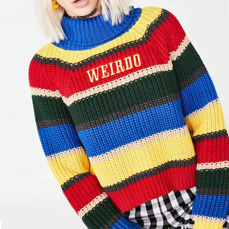 Fashionkova 90s streetwear Autumn and Winter Ins Women's Knitwear Rainbow Striped Letter Embroidered Turtleneck Loose Casual Pullover Sweater for Women