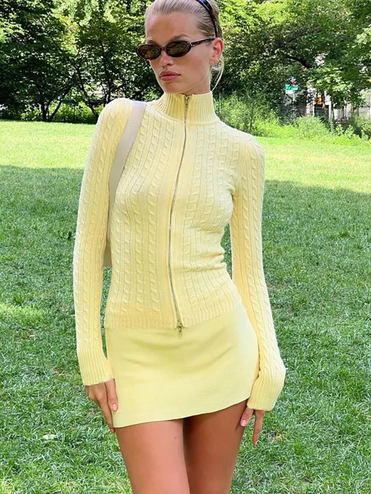 Fashionkova Articat Knitted Turtleneck Zipper Cardigans Women Sweater Yellow Long Sleeve Warm Sweater Female Autumn Solid Casual Streetwear