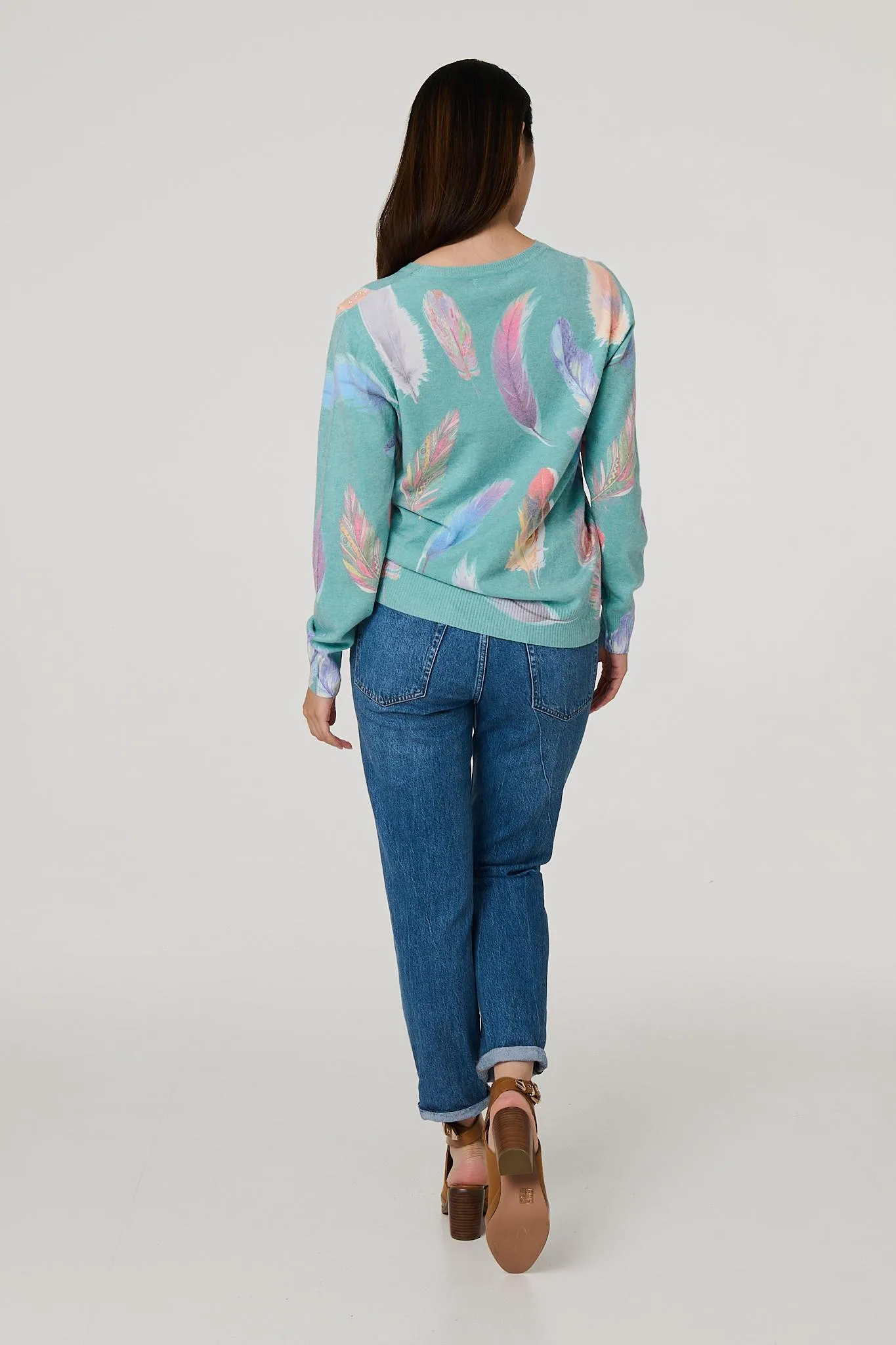 Feather Print Diamante Detail Jumper