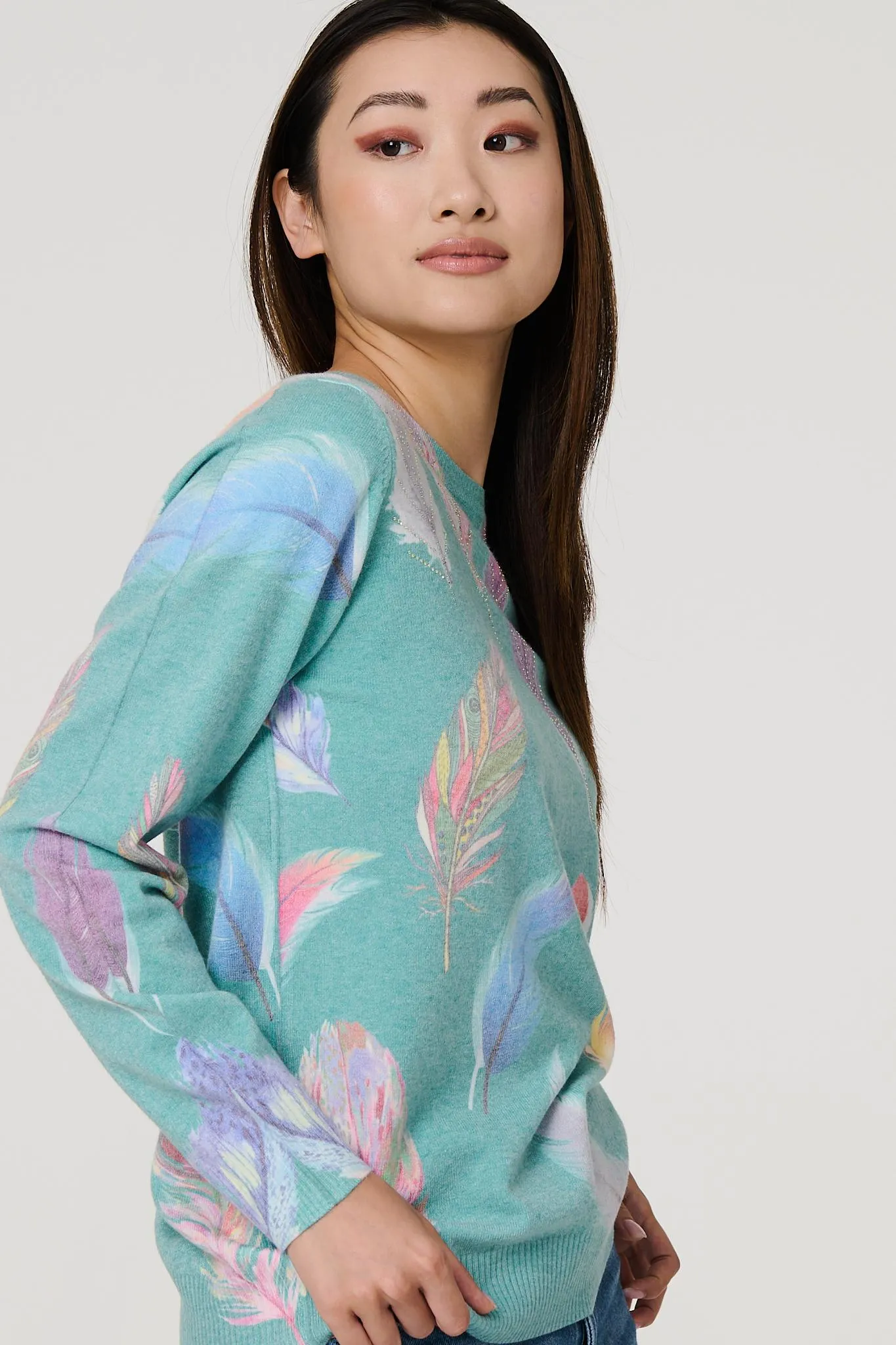 Feather Print Diamante Detail Jumper