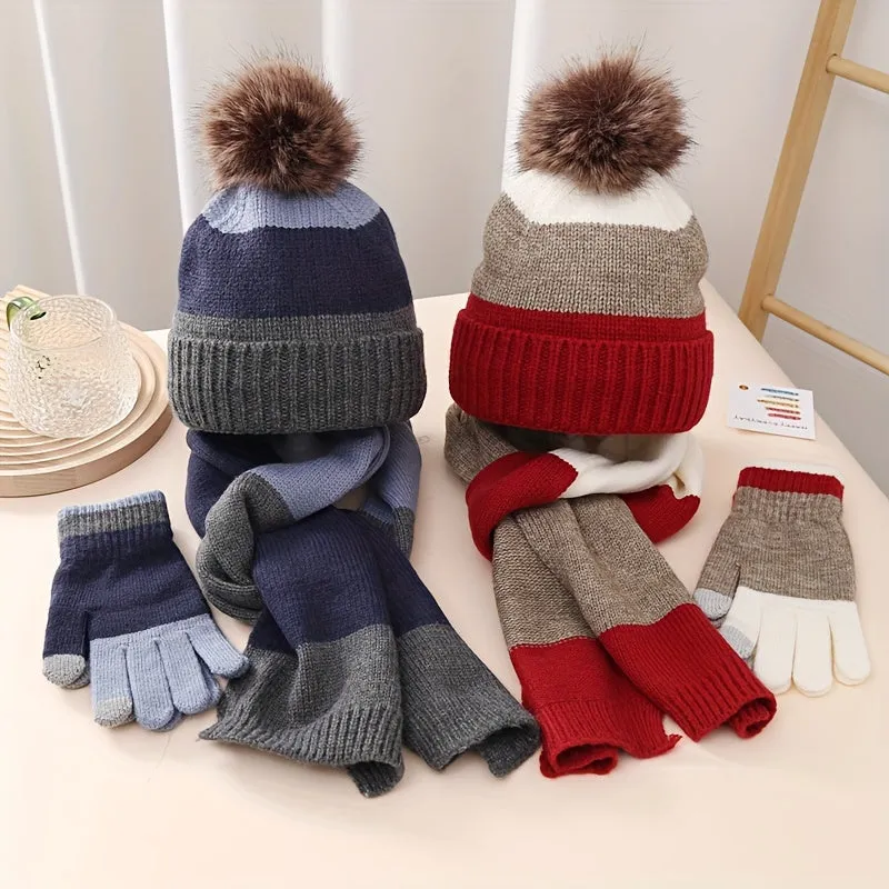 Festive Winter Knit Hat, Scarf, and Gloves Set for Teens: Striped Design, Soft Fleece, and Touchscreen Compatible