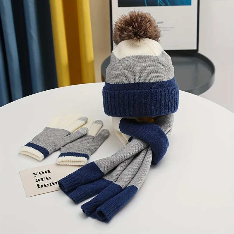 Festive Winter Knit Hat, Scarf, and Gloves Set for Teens: Striped Design, Soft Fleece, and Touchscreen Compatible