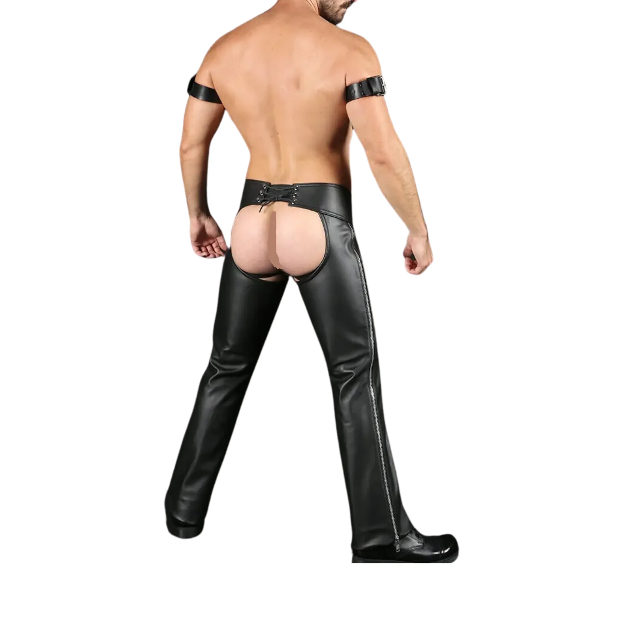 Fetish Wear Leather Chaps for Men with Outside Zip