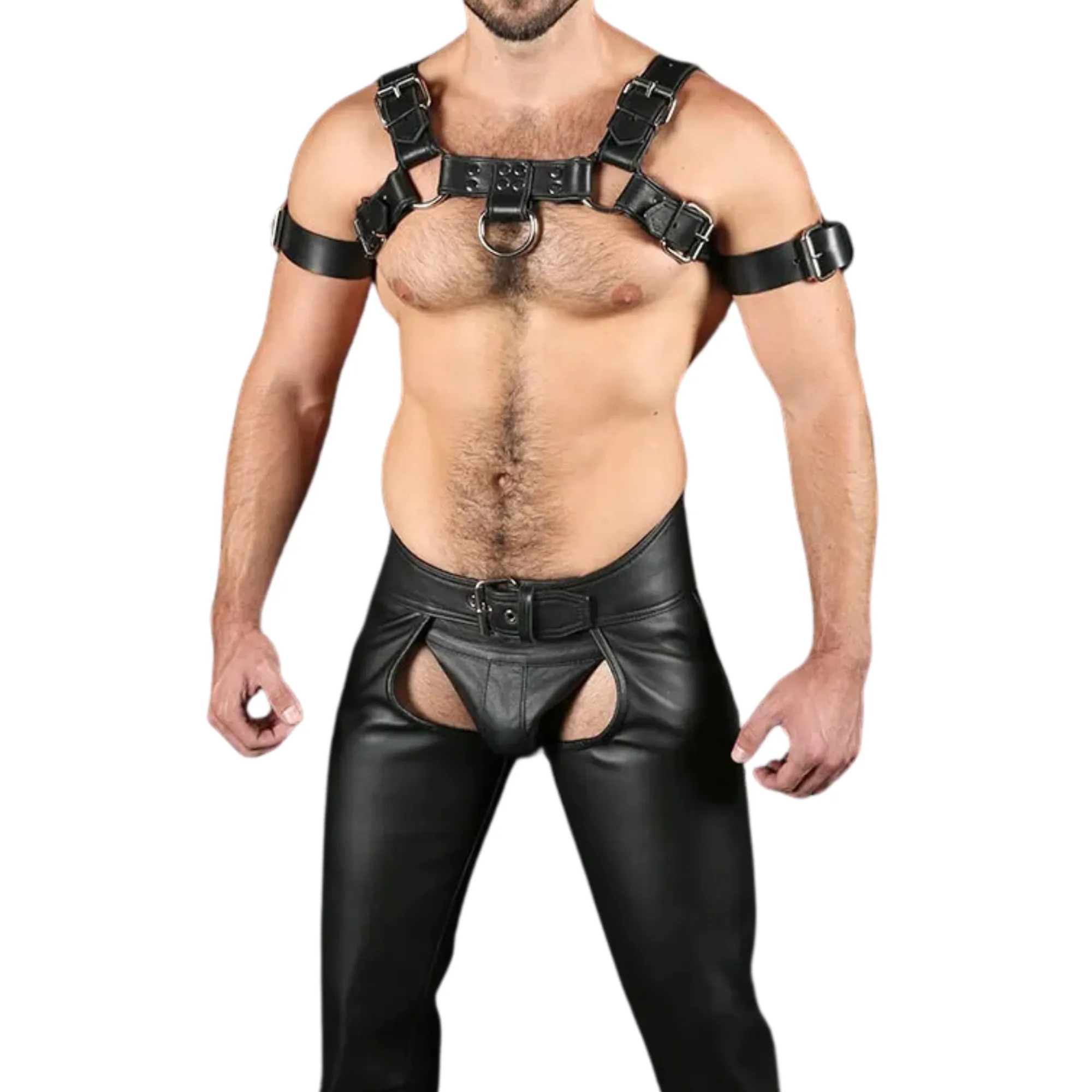 Fetish Wear Leather Chaps for Men with Outside Zip