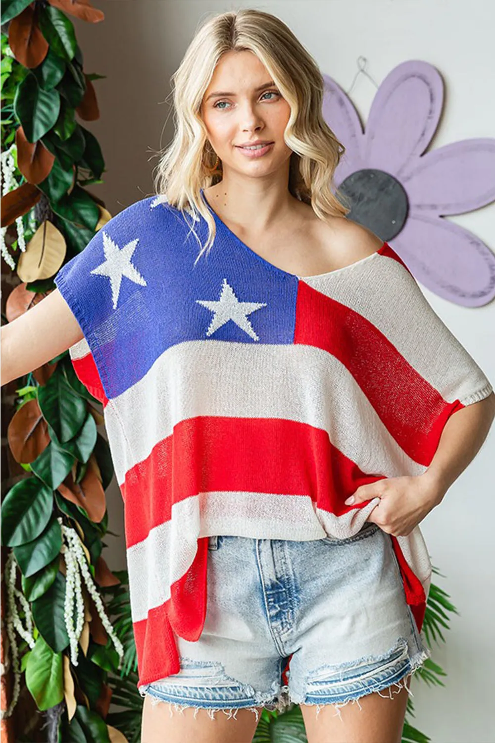 First Love Full Size USA Flag Drop Shoulder Knit Top