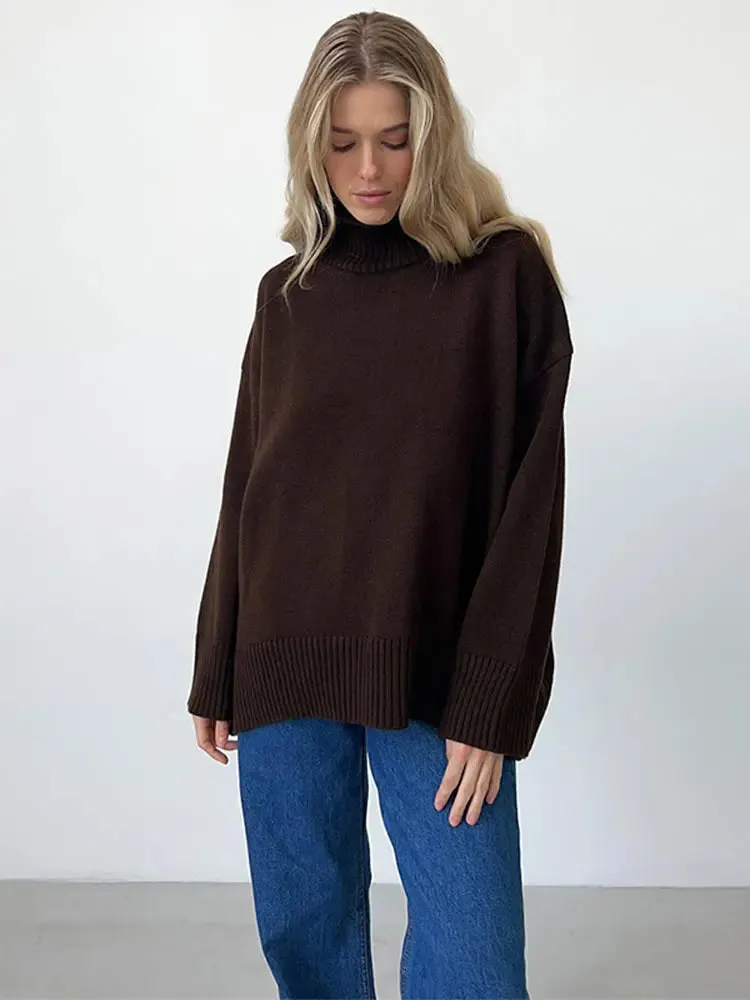 Flytonn-Christmas Thanksgiving Gift New Year's Eve Casual Outfits Simple Woman Solid Color Warm Knitted Turtleneck Fashion Casual Loose Long Sleeve Pullover 2024 New Autumn Lady Daily Streetwear