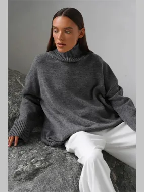 Flytonn-Christmas Thanksgiving Gift New Year's Eve Casual Outfits Simple Woman Solid Color Warm Knitted Turtleneck Fashion Casual Loose Long Sleeve Pullover 2024 New Autumn Lady Daily Streetwear