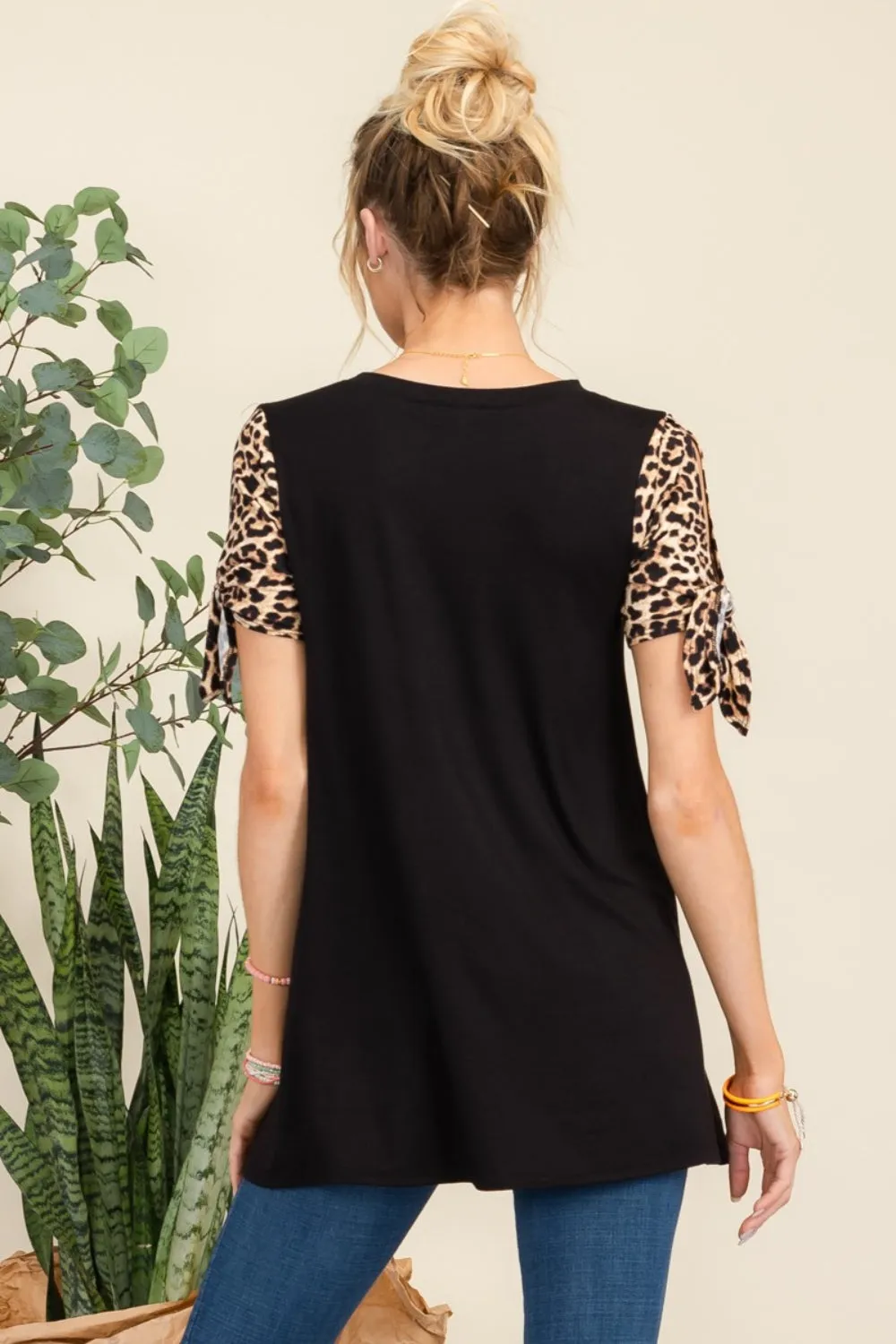 Full Size Open Tie Sleeve Leopard Color Blocked Top