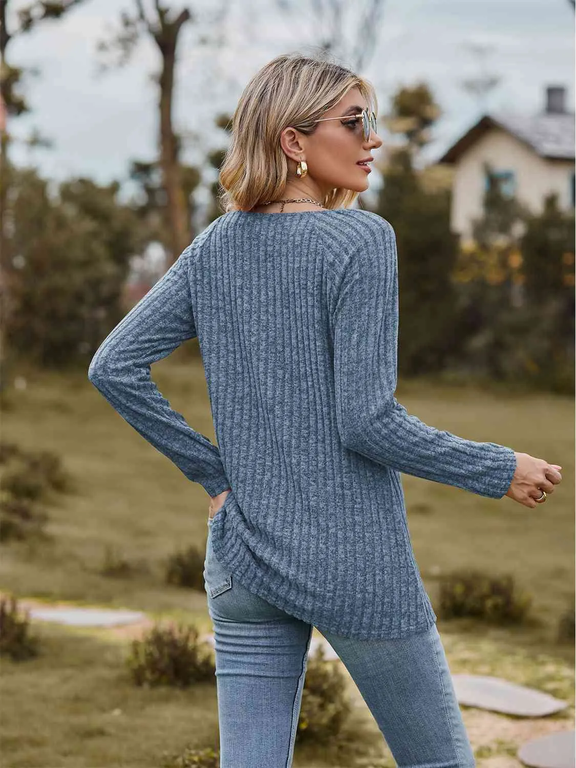 Full Size Ribbed Square Neck Long Sleeve T-Shirt