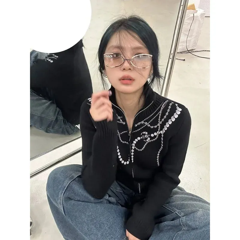 Girlary Y2k Vintage Zip Up Women Knit Cardigan Harajuku Graphic Turtleneck Sweater Slim Korean Fashion Autumn Grunge Streetwear