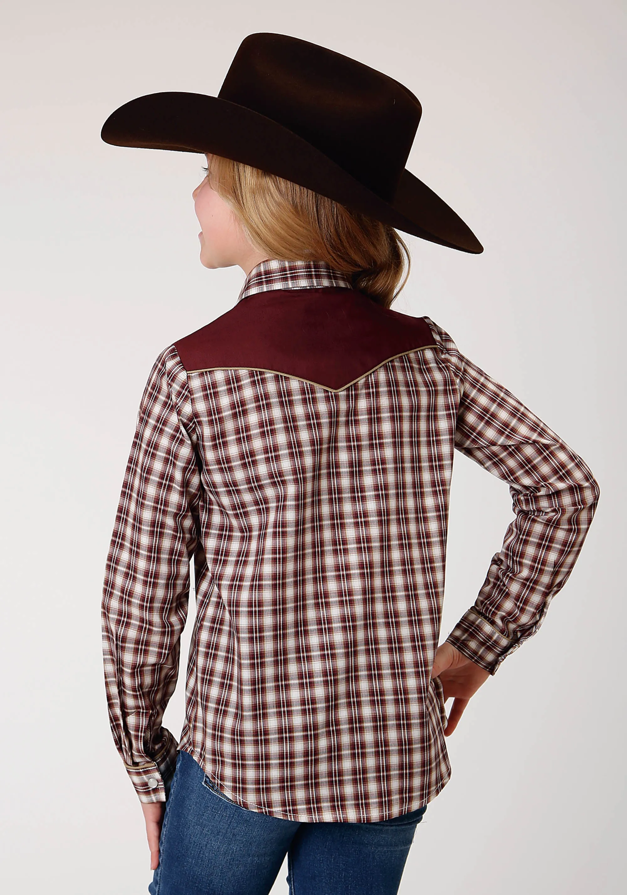 GIRLS LONG SLEEVE SNAP WINE CREAM TAN SMALL SCALE PLAID WESTERN SHIRT