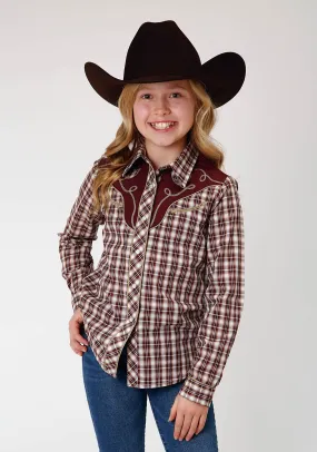 GIRLS LONG SLEEVE SNAP WINE CREAM TAN SMALL SCALE PLAID WESTERN SHIRT