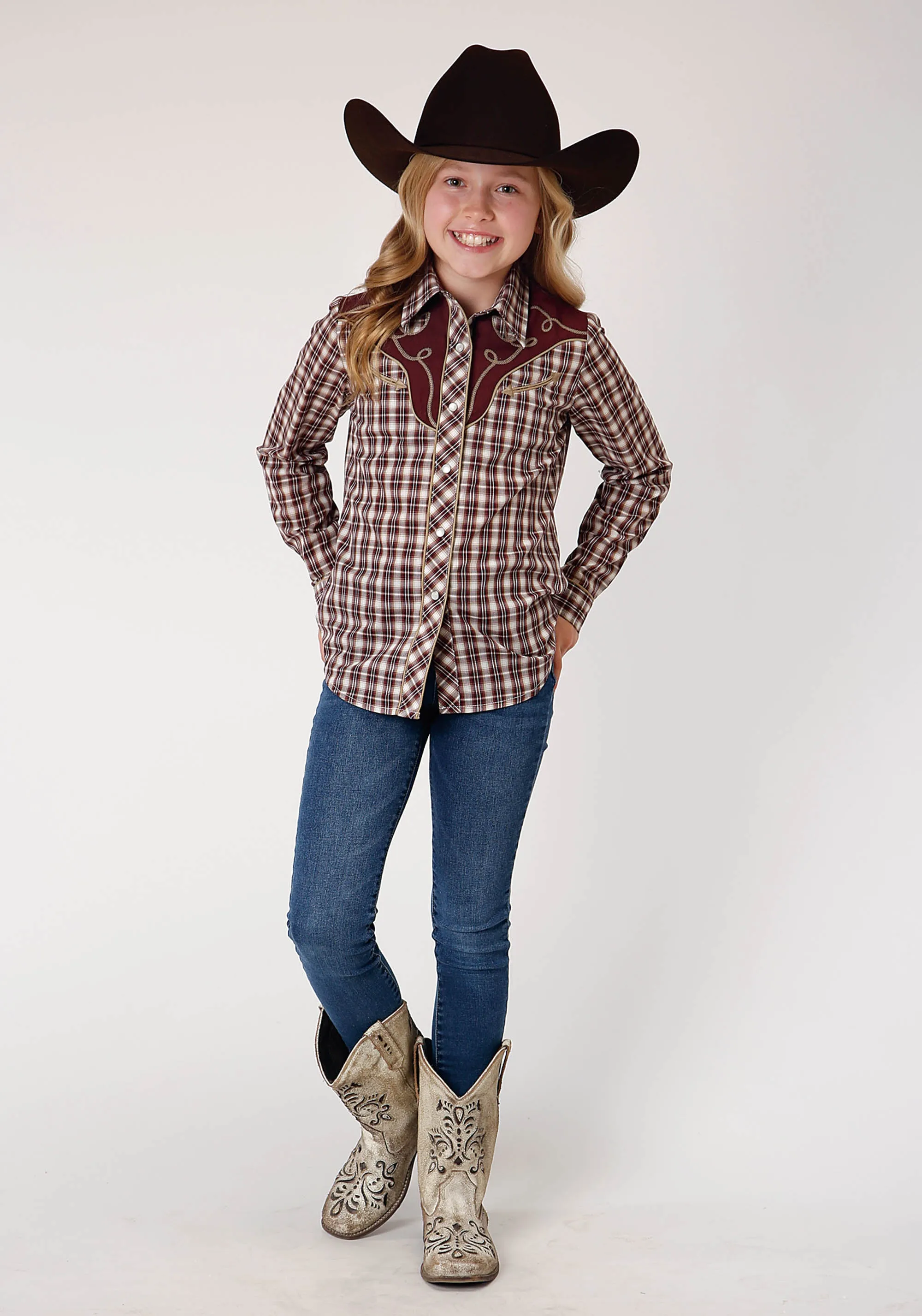 GIRLS LONG SLEEVE SNAP WINE CREAM TAN SMALL SCALE PLAID WESTERN SHIRT