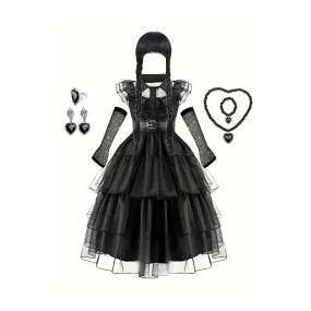 Girls Ruffle Trim Layered Hem Mesh Dress, Costume Dress Up Halloween Party Performance Cosplay Outfit Accessories Wig Necklace Ear Clip Gloves Included Set