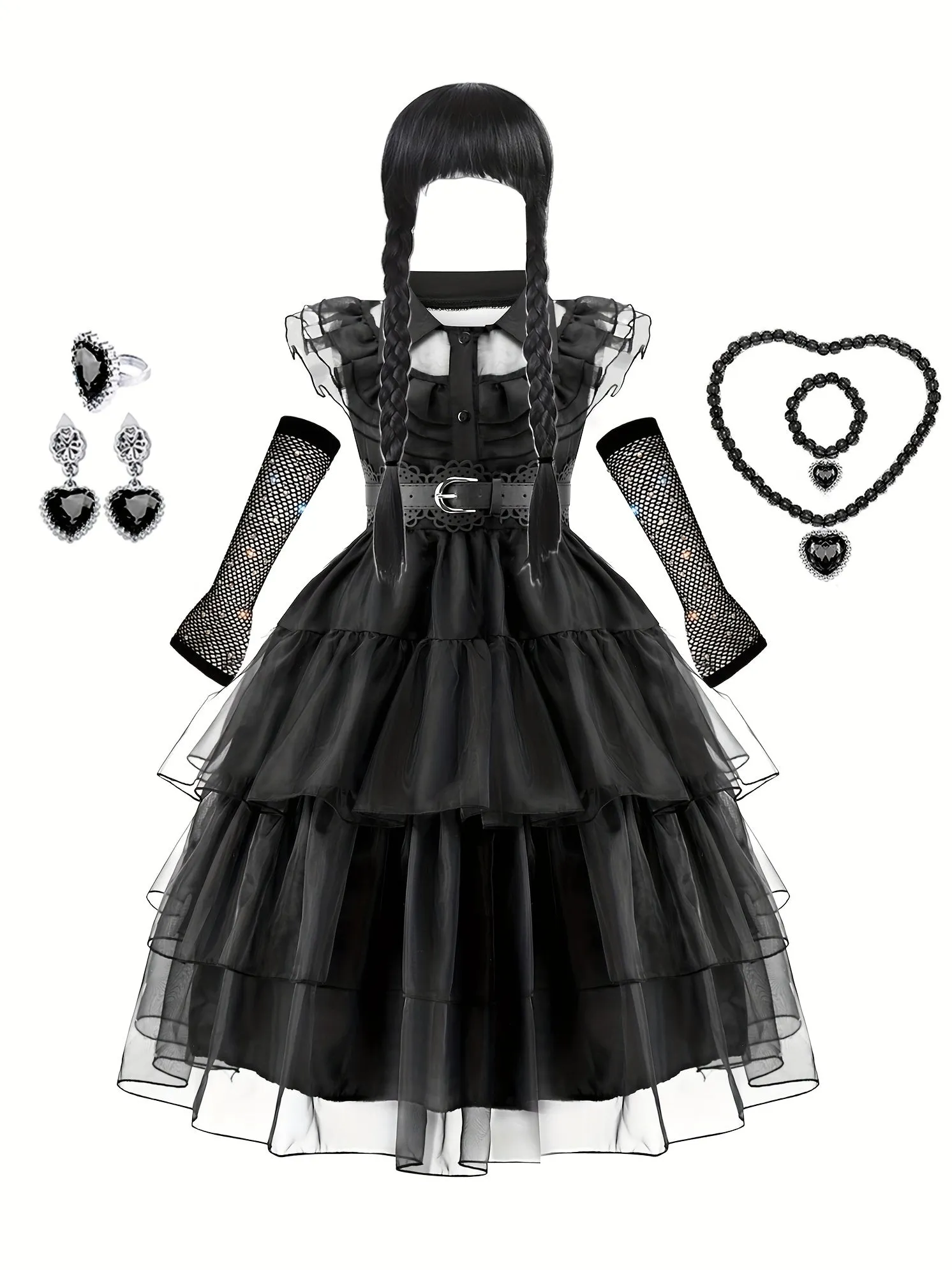 Girls Ruffle Trim Layered Hem Mesh Dress, Costume Dress Up Halloween Party Performance Cosplay Outfit Accessories Wig Necklace Ear Clip Gloves Included Set