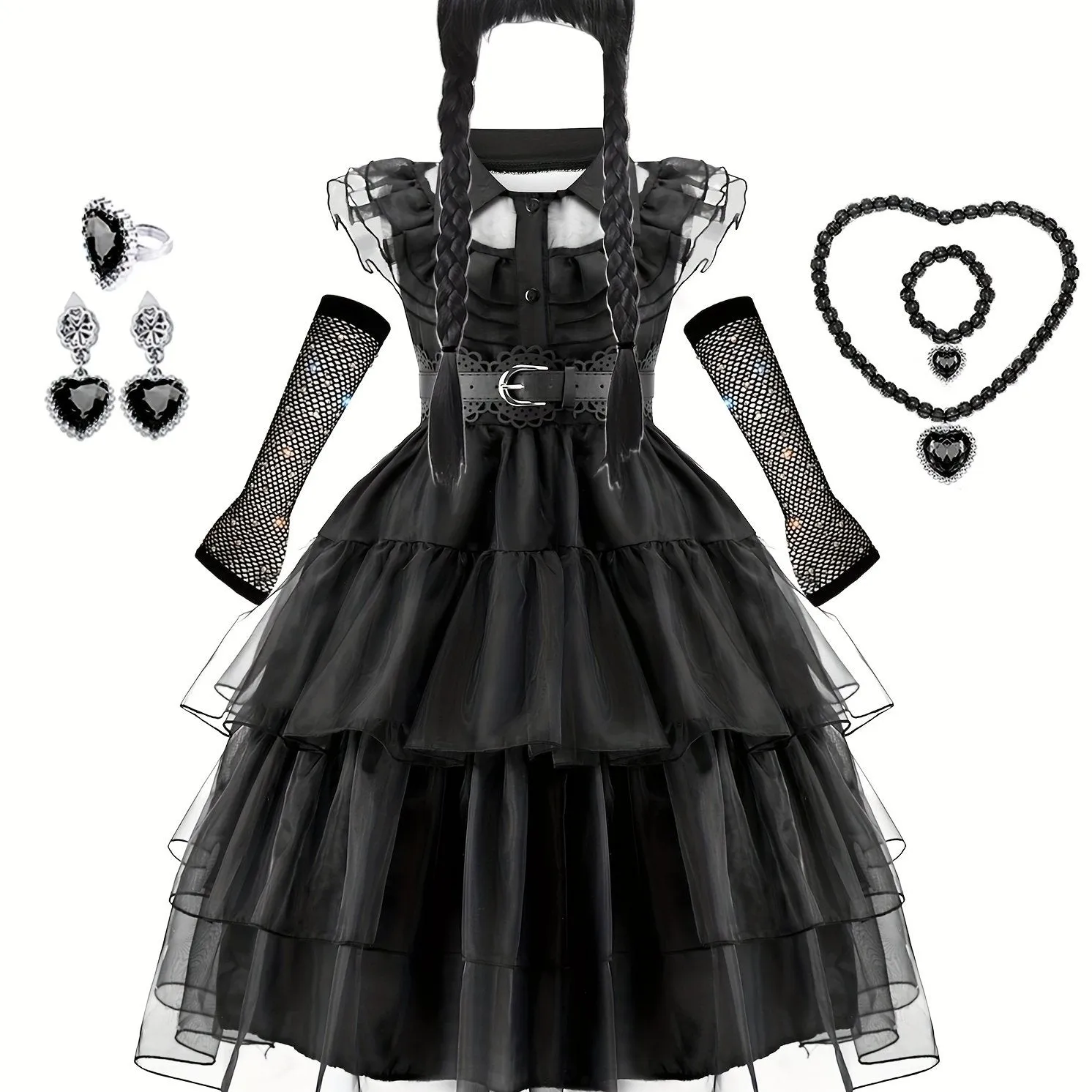 Girls Ruffle Trim Layered Hem Mesh Dress, Costume Dress Up Halloween Party Performance Cosplay Outfit Accessories Wig Necklace Ear Clip Gloves Included Set