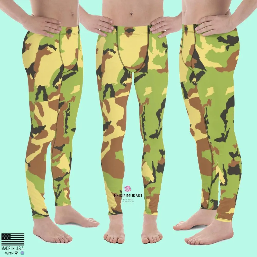 Green Camo Meggings, Green Brown Camouflage Military Army Print Men's Tights-Made in USA/ EU/ MX