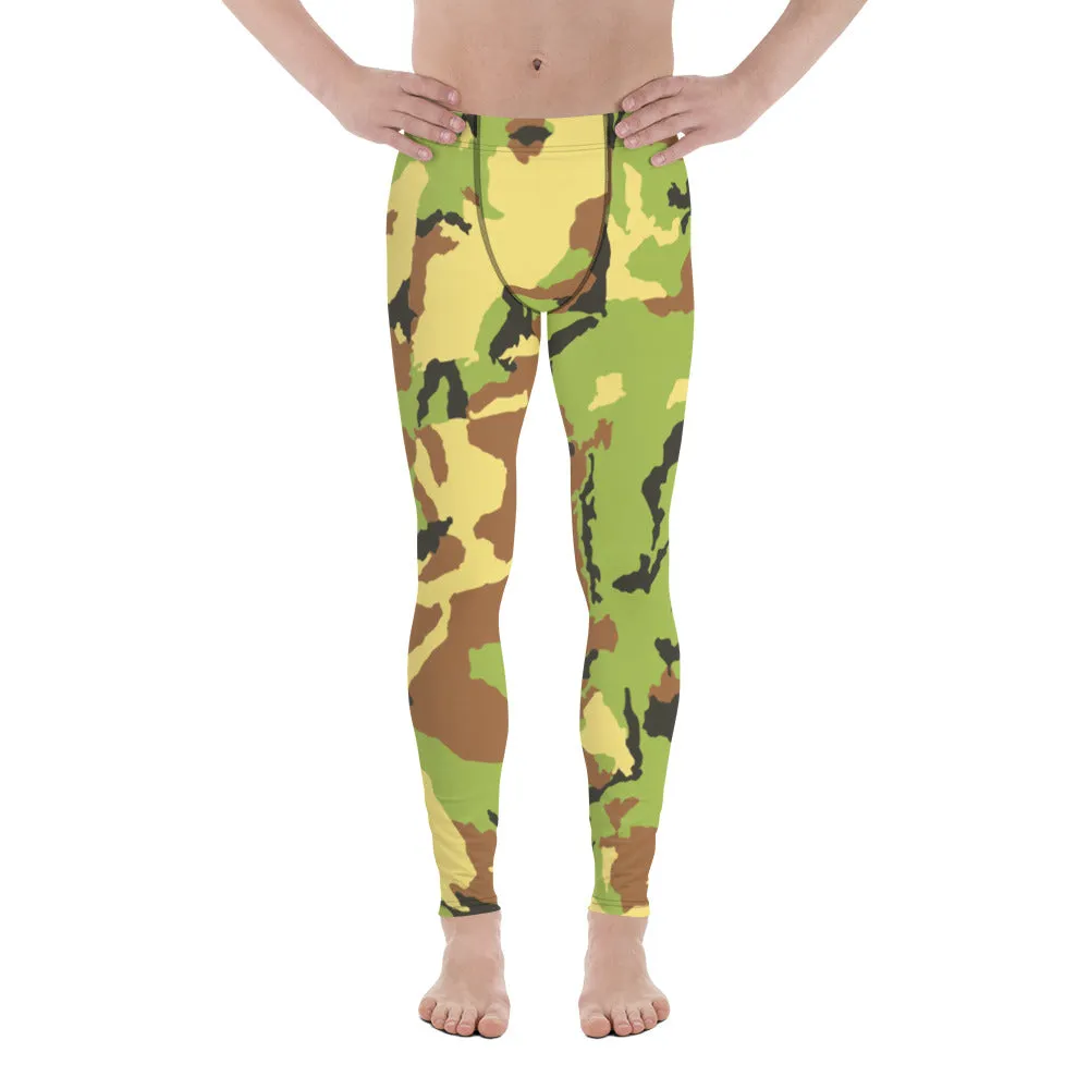 Green Camo Meggings, Green Brown Camouflage Military Army Print Men's Tights-Made in USA/ EU/ MX