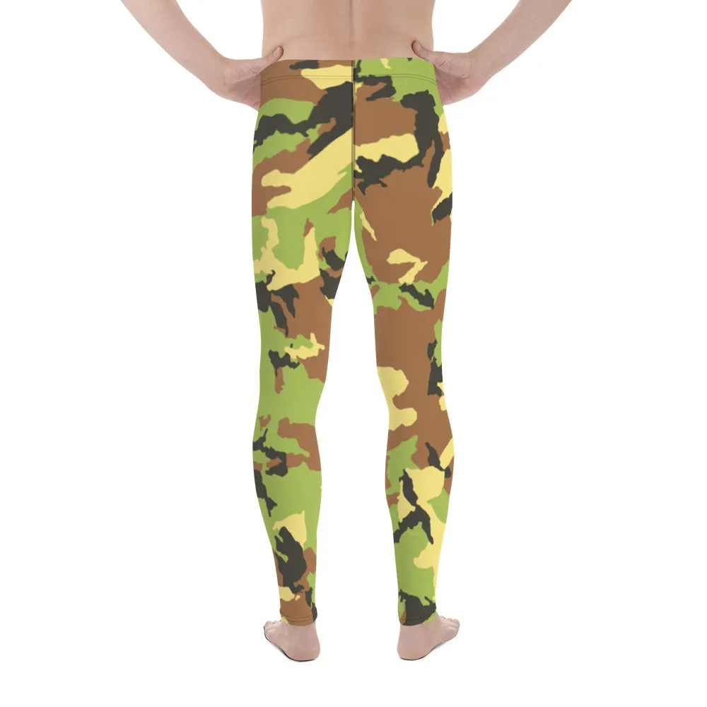 Green Camo Meggings, Green Brown Camouflage Military Army Print Men's Tights-Made in USA/ EU/ MX