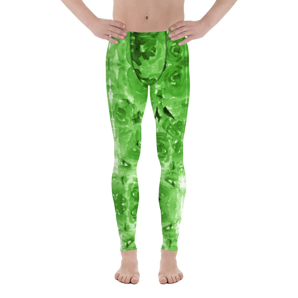 Green Floral Men's Leggings, Flower Abstract Print Running Tights Meggings-Made in USA/EU/MX