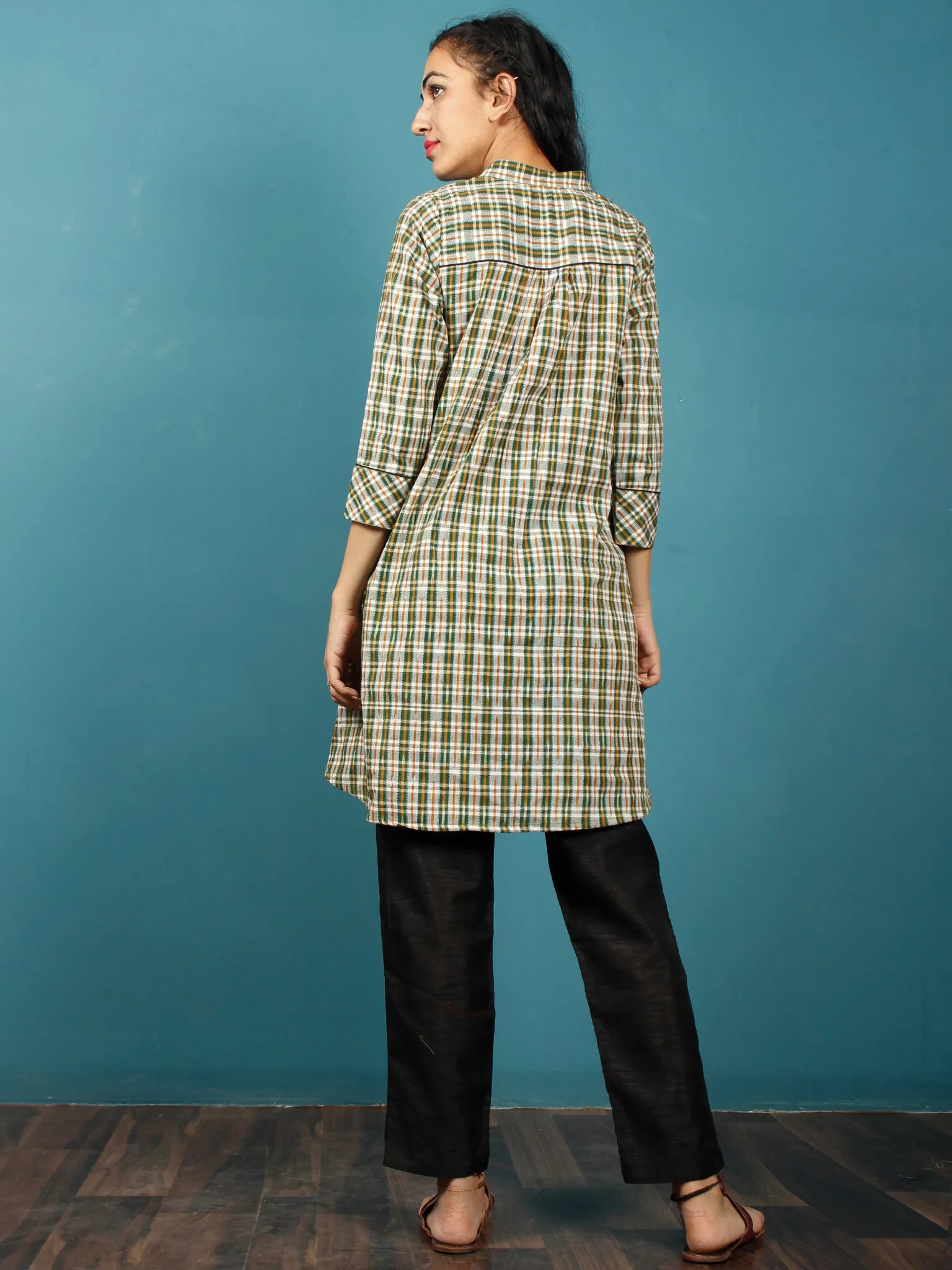 Green Ivory Mustard  Hand Woven Ikat Cotton Check Tunic Cum Dress  - Tun04F1268