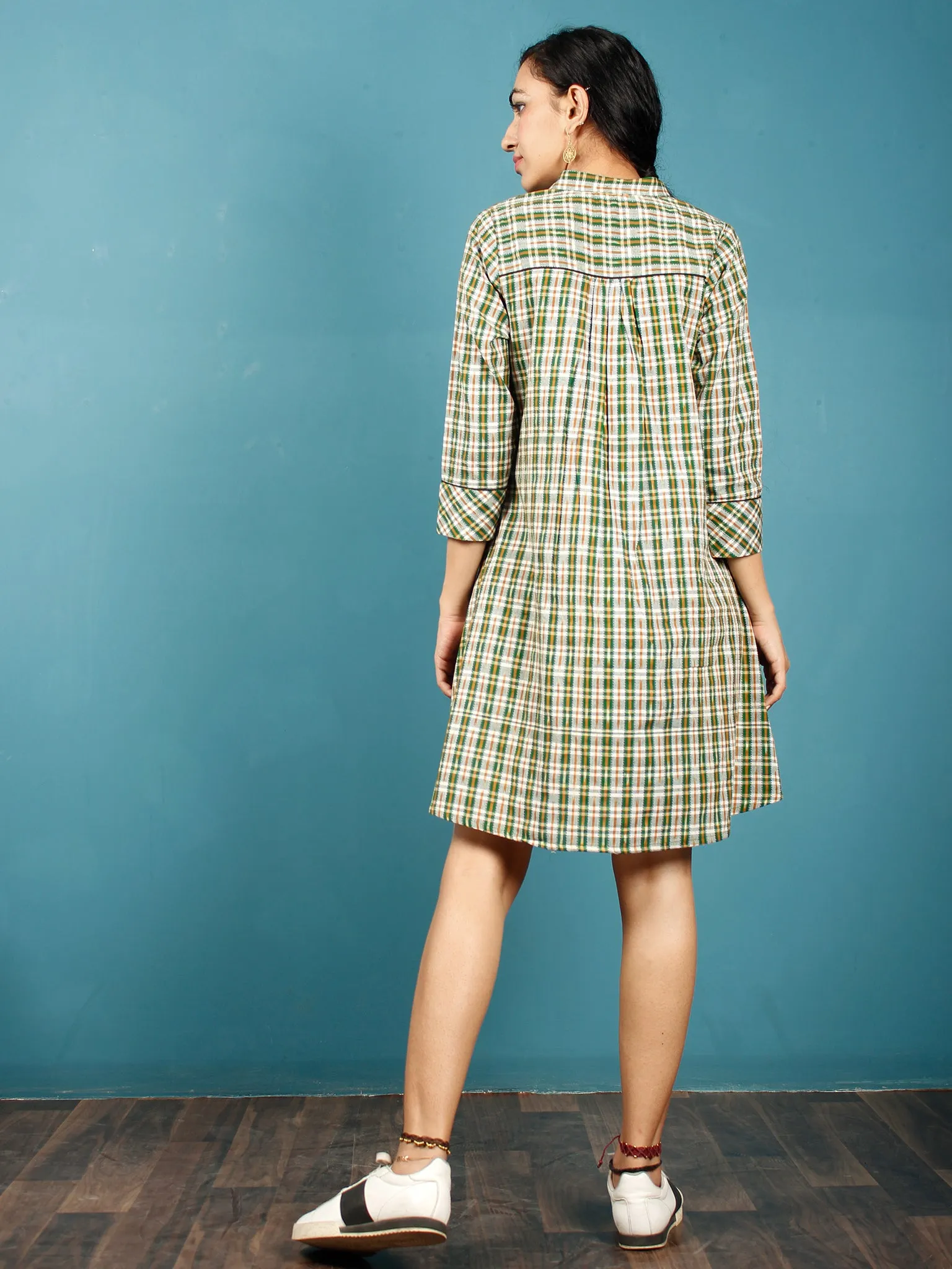 Green Ivory Mustard  Hand Woven Ikat Cotton Check Tunic Cum Dress  - Tun04F1268