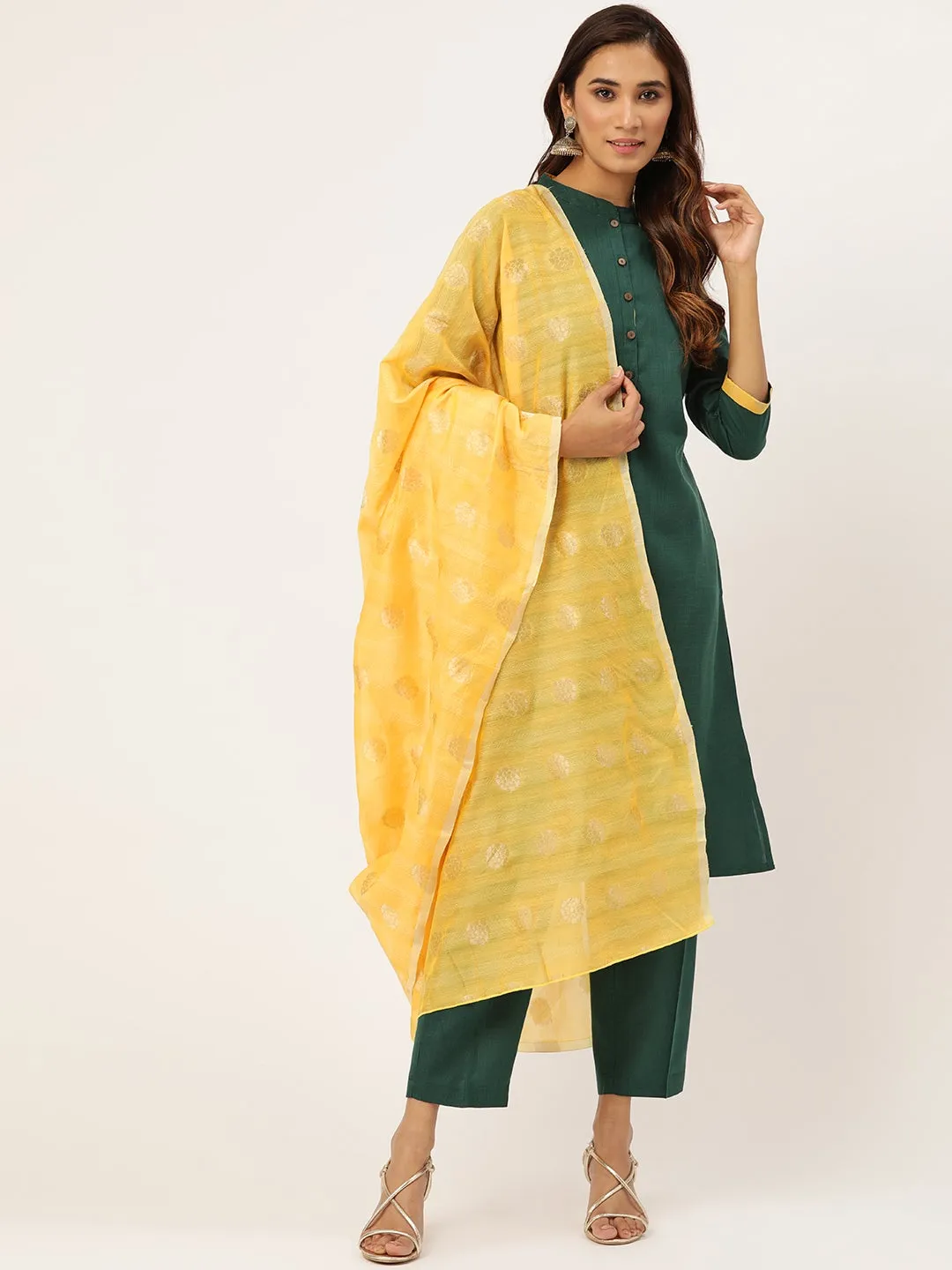 Green Kurta With Pants & Yellow Chanderi Jacquard Dupatta