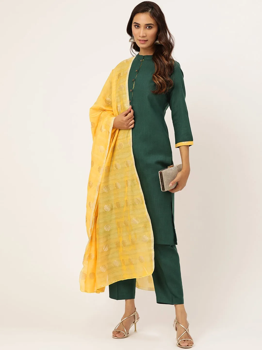 Green Kurta With Pants & Yellow Chanderi Jacquard Dupatta