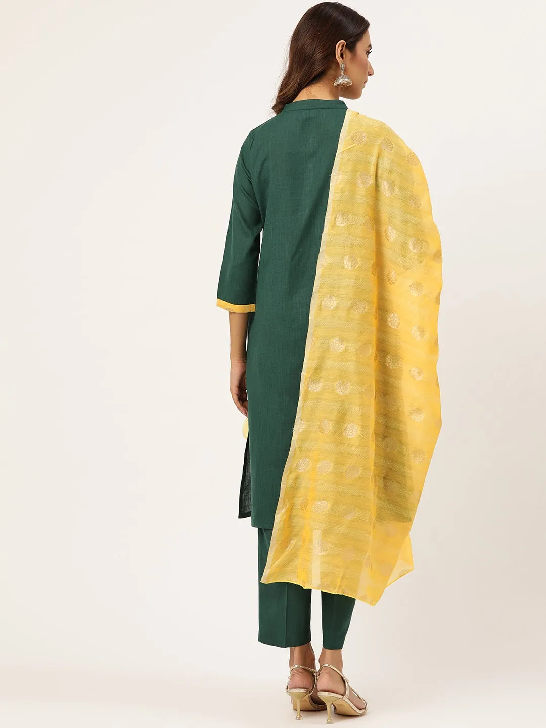 Green Kurta With Pants & Yellow Chanderi Jacquard Dupatta