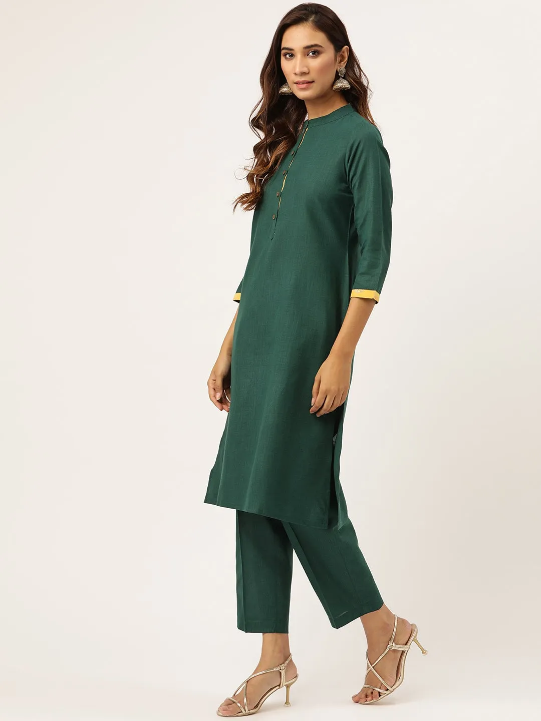 Green Kurta With Pants & Yellow Chanderi Jacquard Dupatta