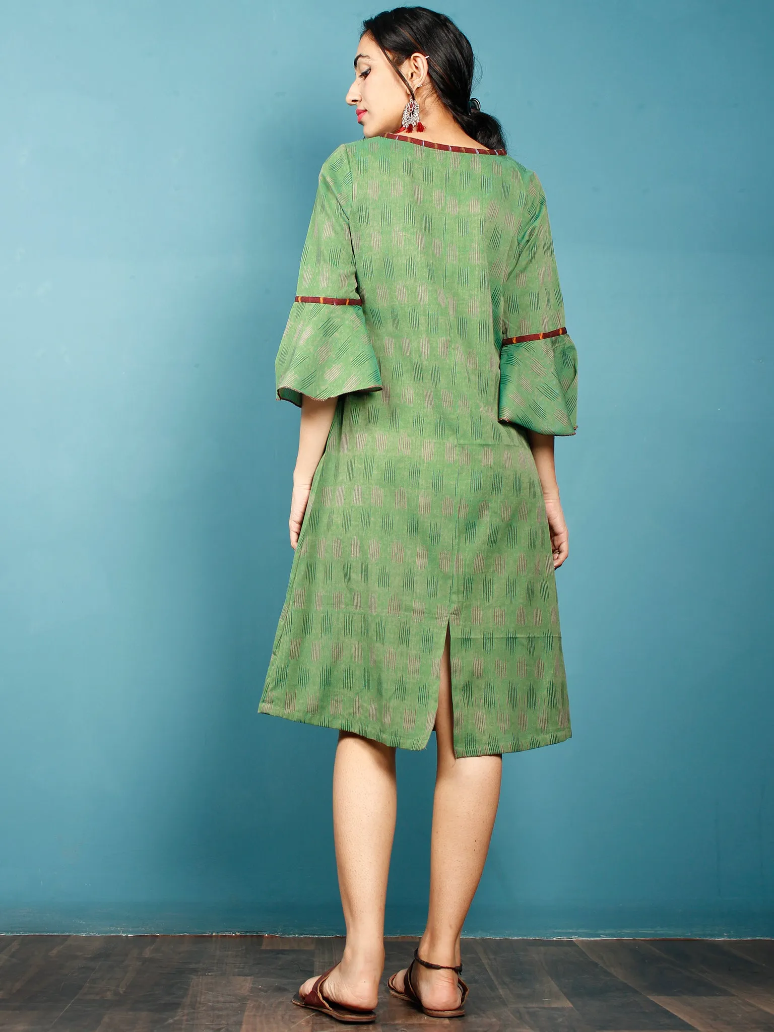 Green Maroon Ikat Handwoven Cotton Tunic Dress With Pockets And Bell Sleeves - D261F1232