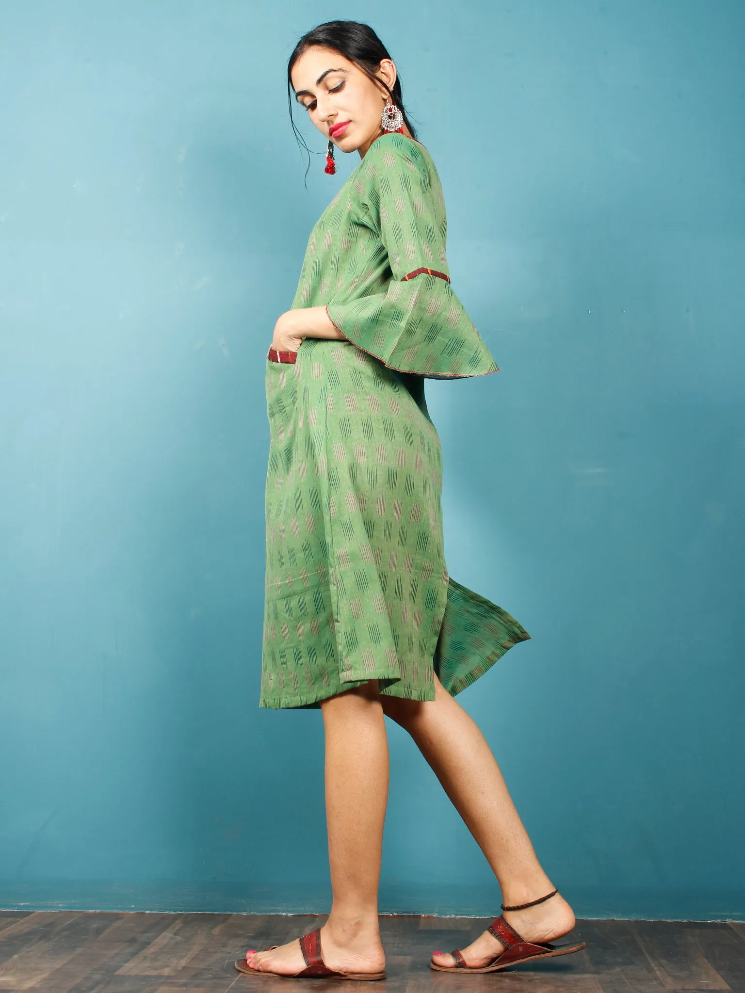 Green Maroon Ikat Handwoven Cotton Tunic Dress With Pockets And Bell Sleeves - D261F1232