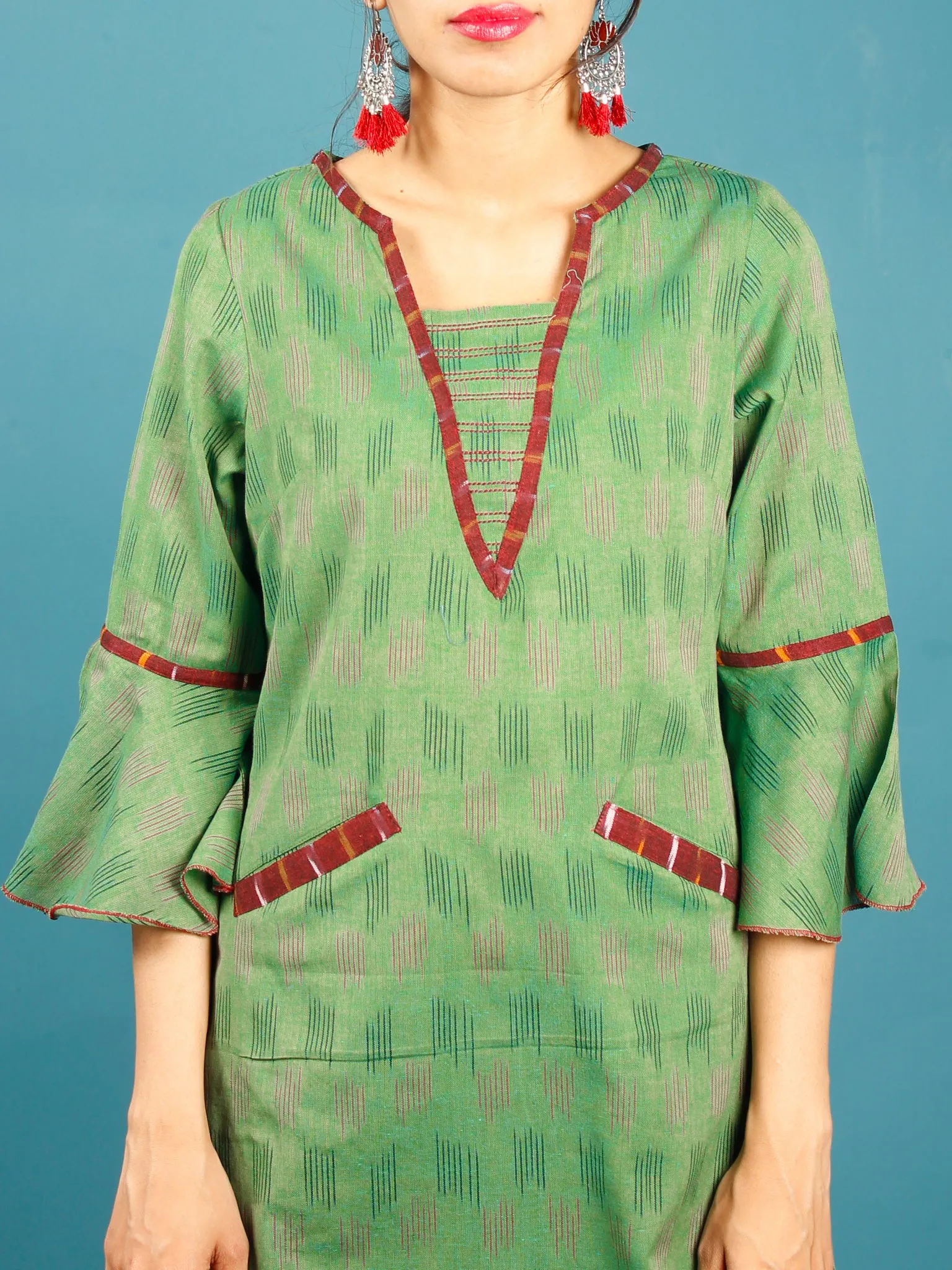 Green Maroon Ikat Handwoven Cotton Tunic Dress With Pockets And Bell Sleeves - D261F1232