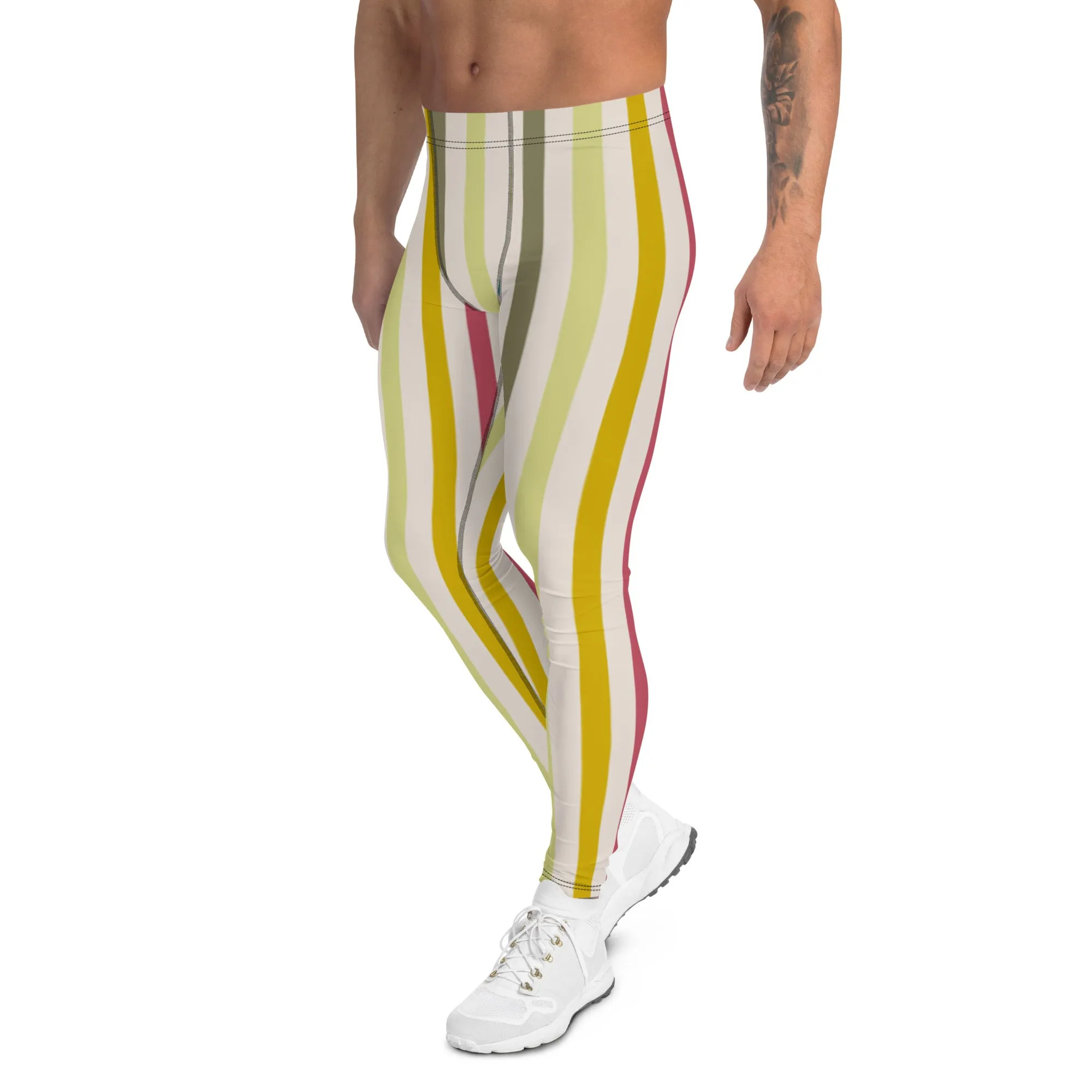 Green Stripes Best Men's Leggings, Colorful Vertically Striped Meggings Running Tights-Made in USA/EU/MX