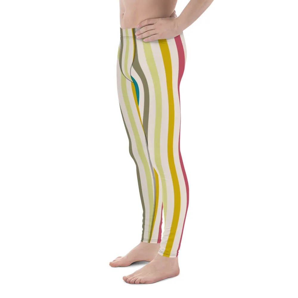 Green Stripes Best Men's Leggings, Colorful Vertically Striped Meggings Running Tights-Made in USA/EU/MX