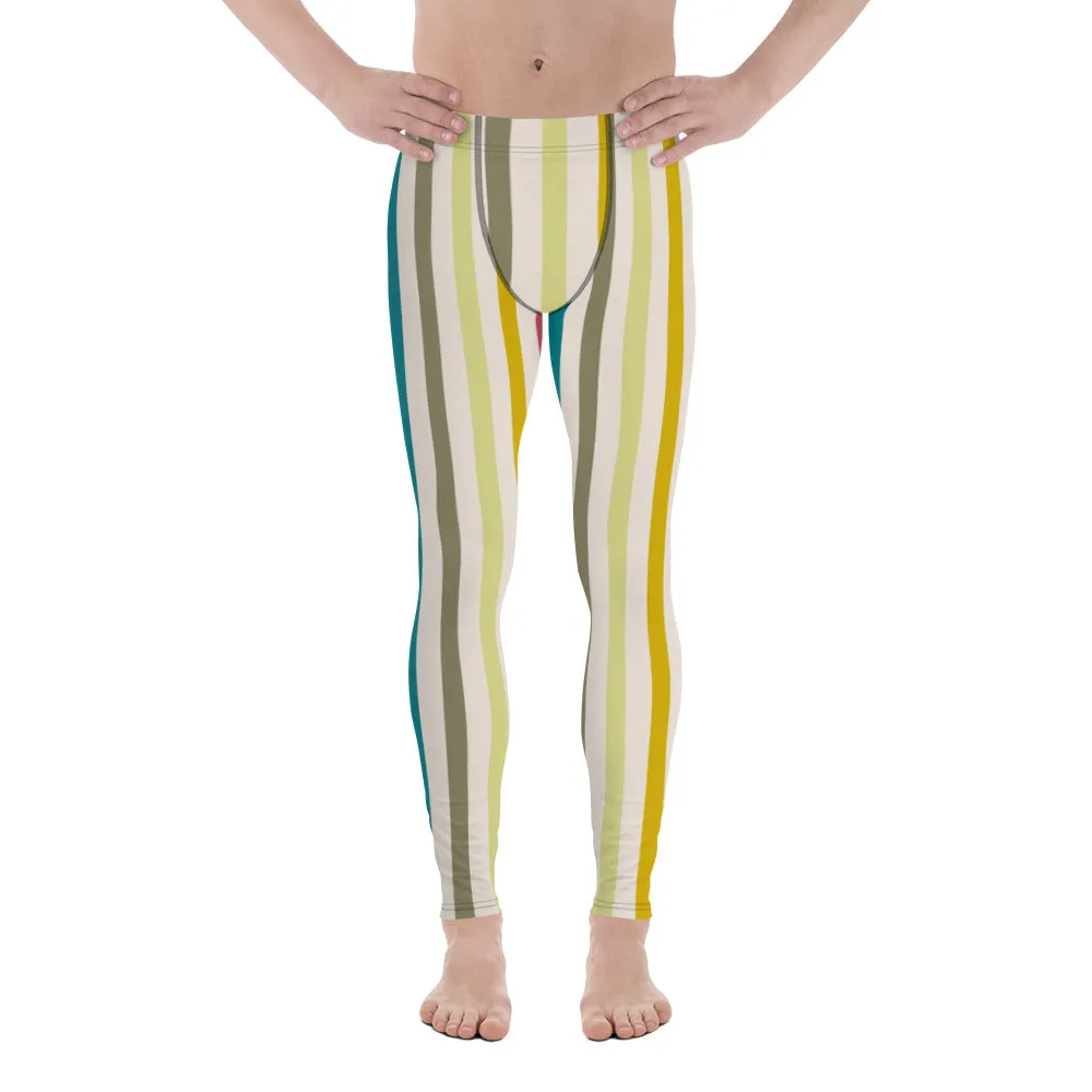 Green Stripes Best Men's Leggings, Colorful Vertically Striped Meggings Running Tights-Made in USA/EU/MX