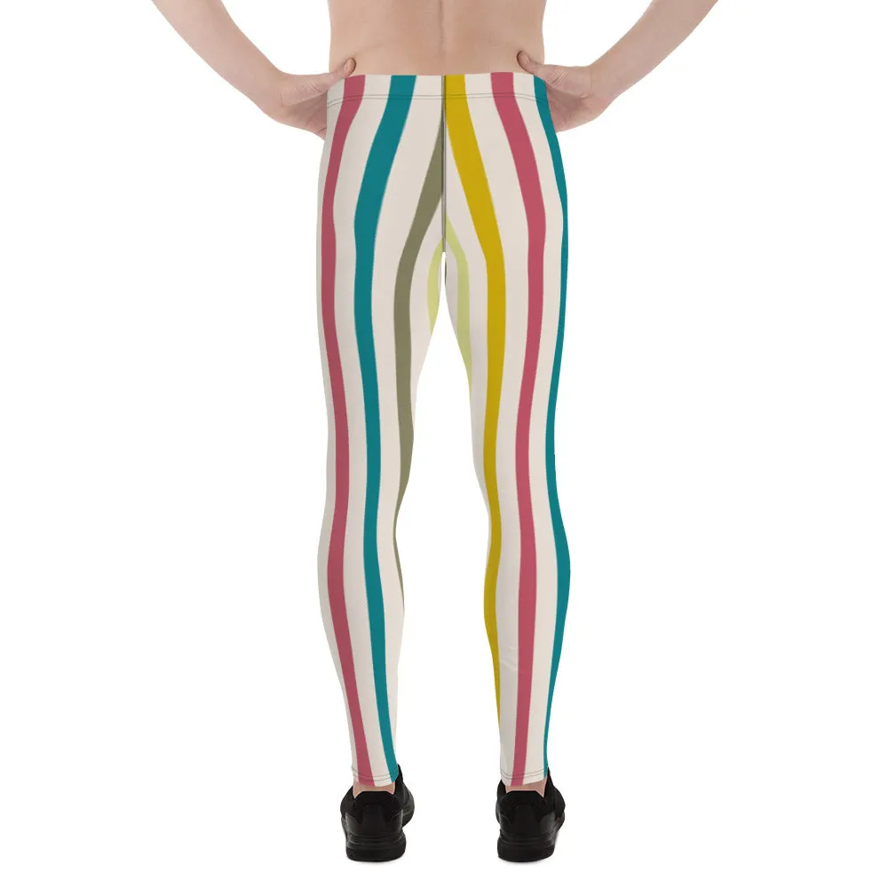 Green Stripes Best Men's Leggings, Colorful Vertically Striped Meggings Running Tights-Made in USA/EU/MX