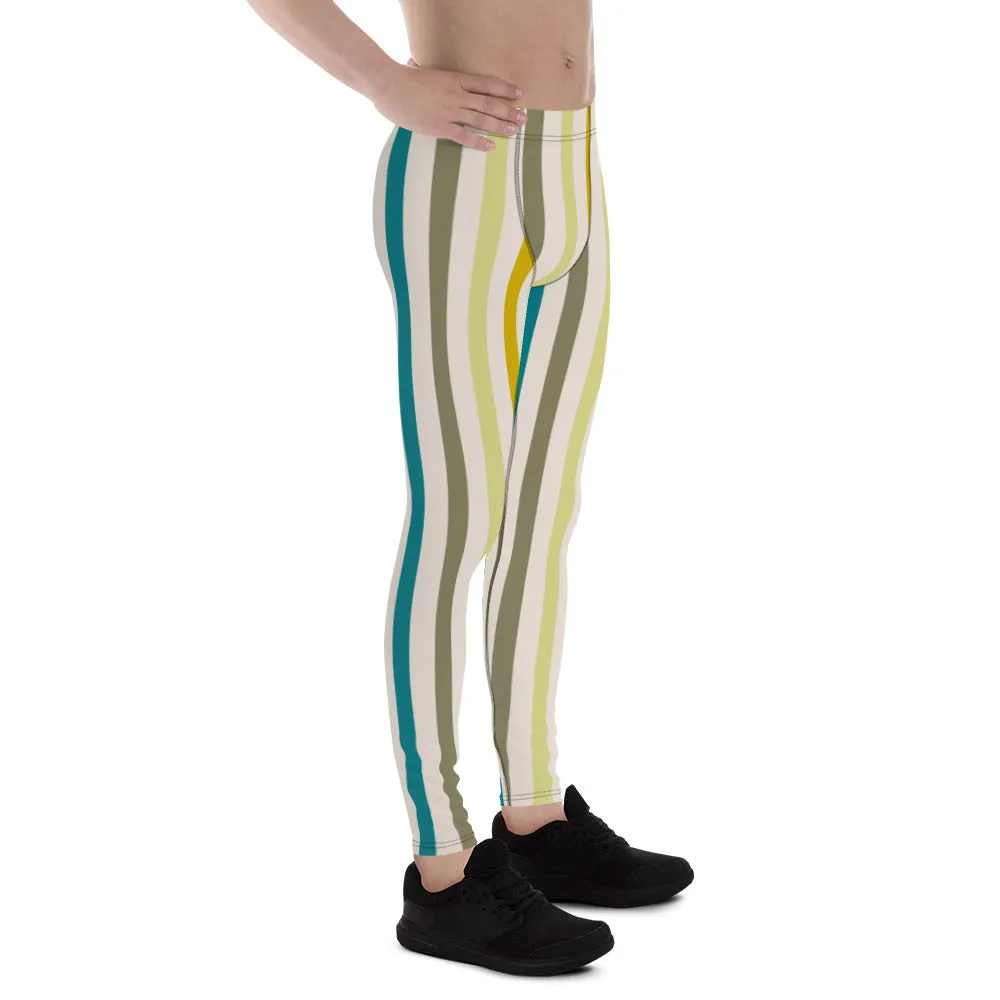 Green Stripes Best Men's Leggings, Colorful Vertically Striped Meggings Running Tights-Made in USA/EU/MX