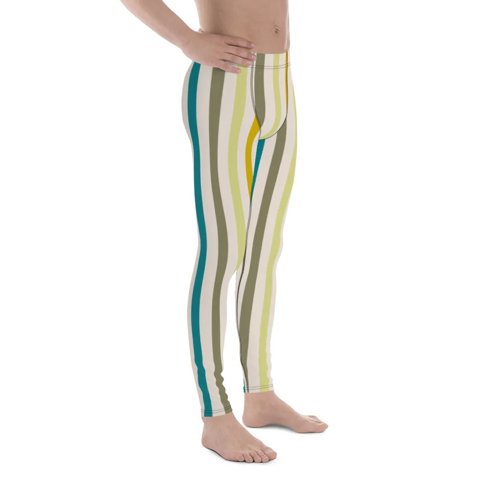 Green Stripes Best Men's Leggings, Colorful Vertically Striped Meggings Running Tights-Made in USA/EU/MX