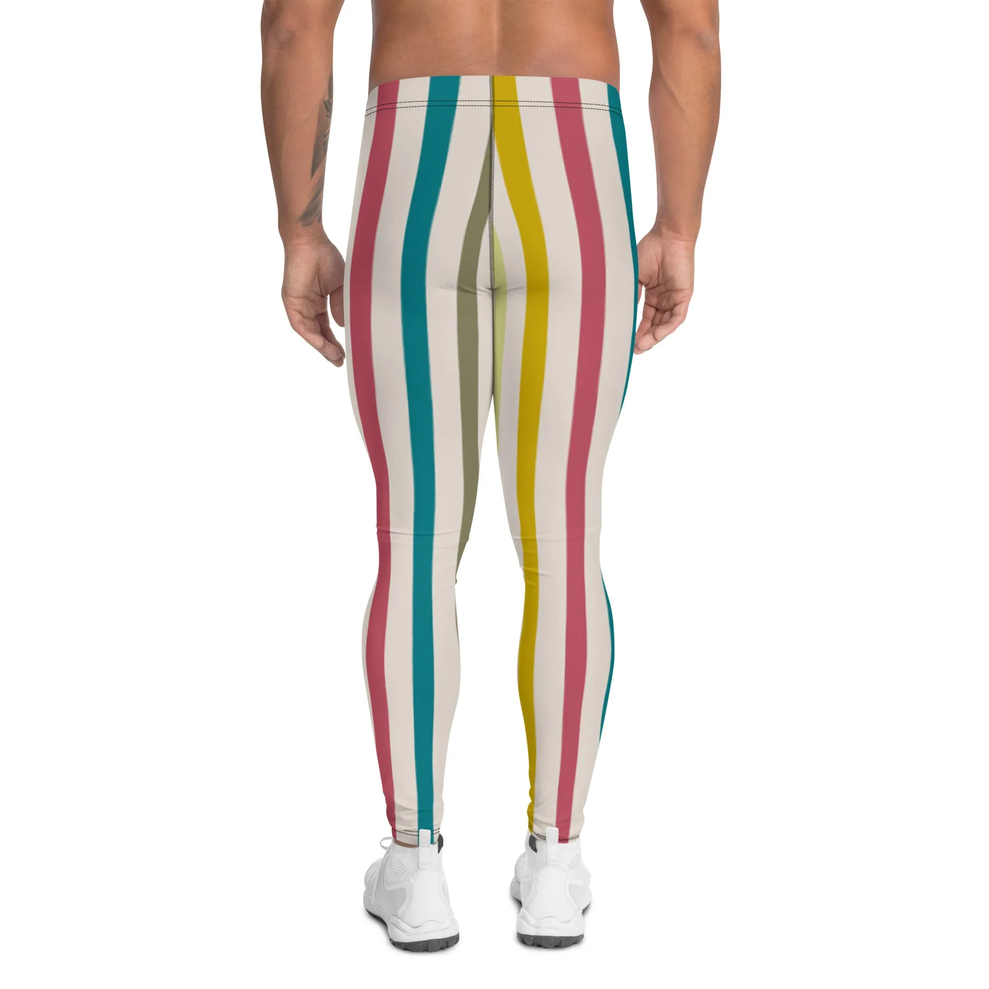 Green Stripes Best Men's Leggings, Colorful Vertically Striped Meggings Running Tights-Made in USA/EU/MX