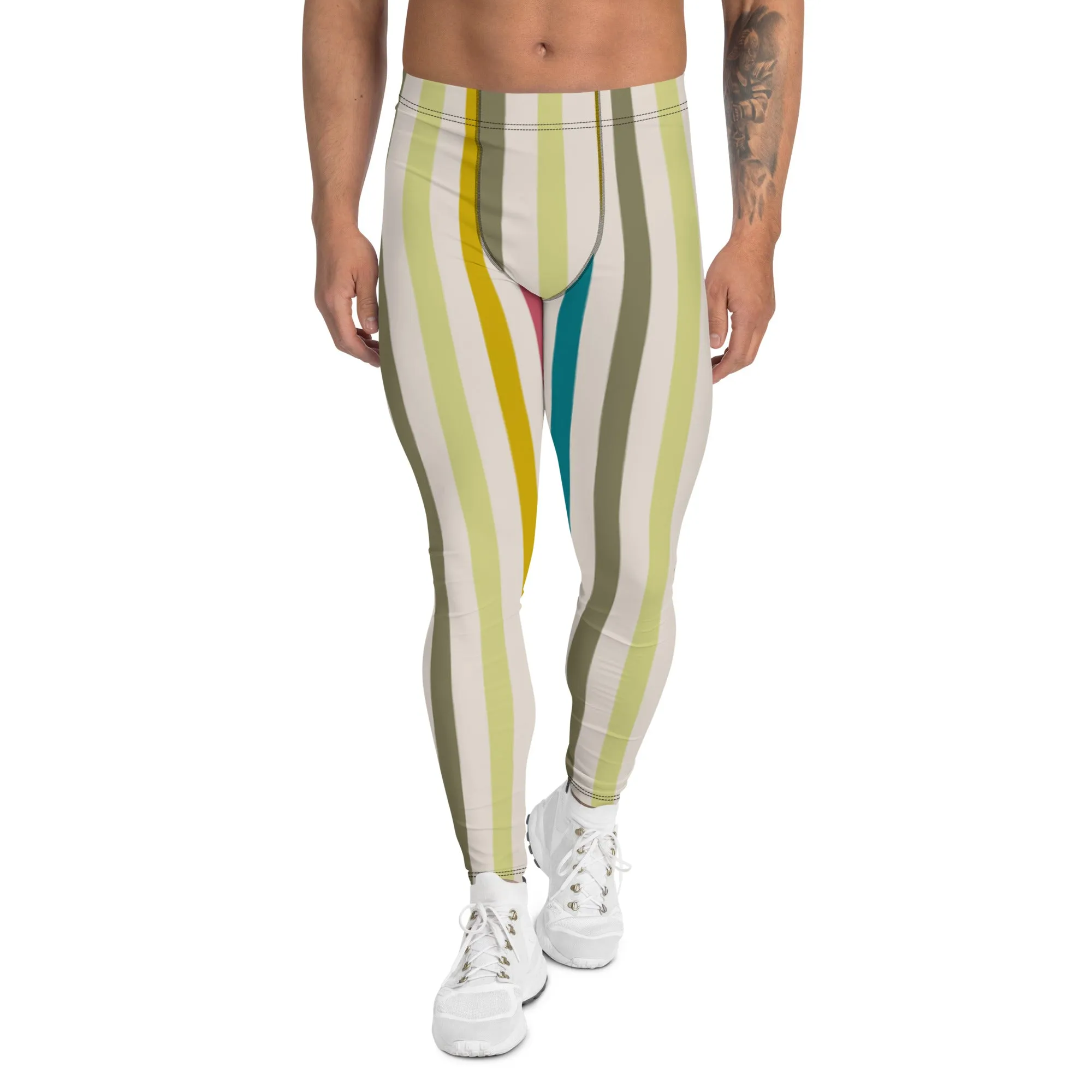 Green Stripes Best Men's Leggings, Colorful Vertically Striped Meggings Running Tights-Made in USA/EU/MX