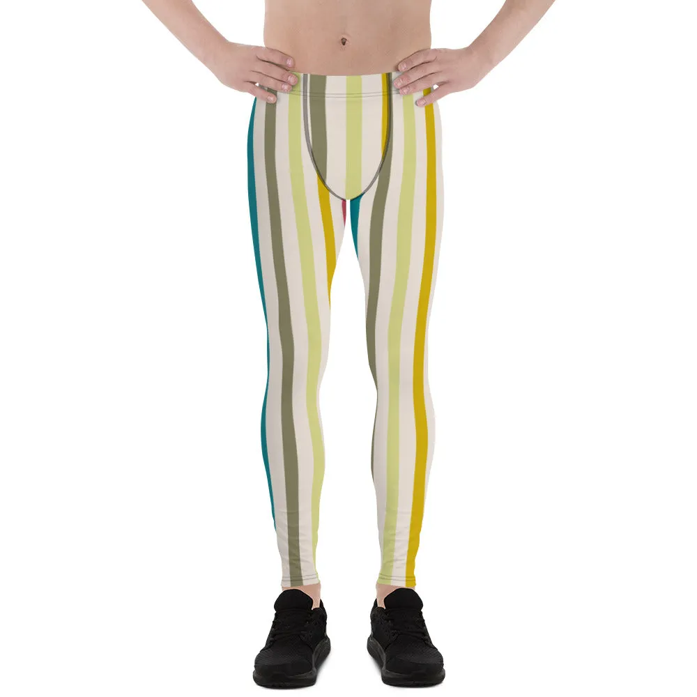 Green Stripes Best Men's Leggings, Colorful Vertically Striped Meggings Running Tights-Made in USA/EU/MX