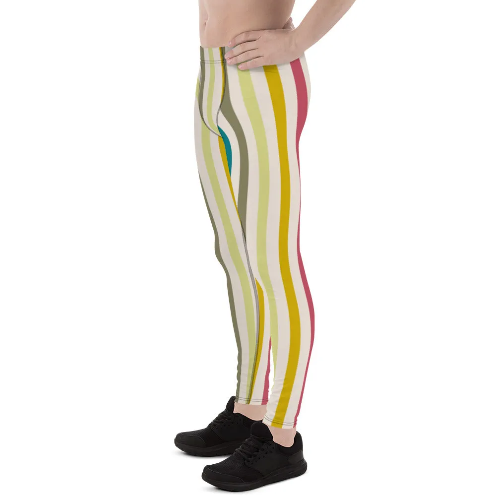 Green Stripes Best Men's Leggings, Colorful Vertically Striped Meggings Running Tights-Made in USA/EU/MX