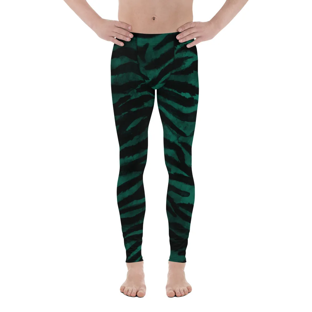 Green Tiger Stripes Men's Leggings, Tiger Striped Meggings Compression Run Tights-Made in USA